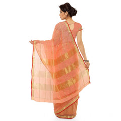 Mayawye Women's Kota Doria Cotton Saree With Blouse (Peach,6-3 Mtrs)