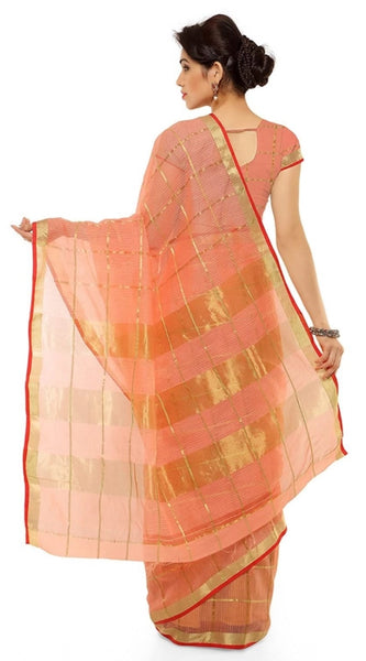 Mayawye Women's Kota Doria Cotton Saree With Blouse (Peach,6-3 Mtrs)
