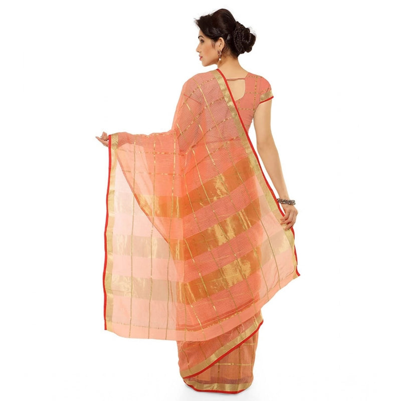 Mayawye Women's Kota Doria Cotton Saree With Blouse (Peach,6-3 Mtrs)