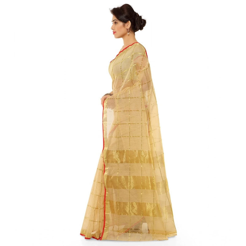Mayawye Women's Kota Doria Cotton Saree With Blouse (Chikoo,6-3 Mtrs)