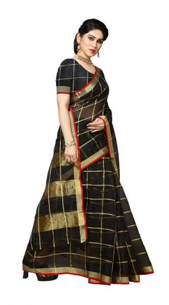 Mayawye Women's Kota Doria Cotton Saree With Blouse (Black,6-3 Mtrs)