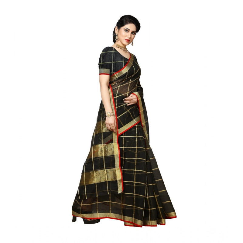 Mayawye Women's Kota Doria Cotton Saree With Blouse (Black,6-3 Mtrs)