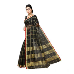 Mayawye Women's Kota Doria Cotton Saree With Blouse (Black,6-3 Mtrs)