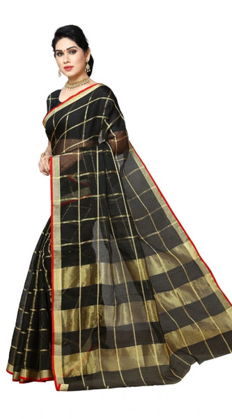 Mayawye Women's Kota Doria Cotton Saree With Blouse (Black,6-3 Mtrs)