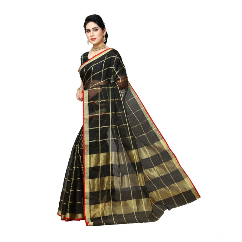 Mayawye Women's Kota Doria Cotton Saree With Blouse (Black,6-3 Mtrs)