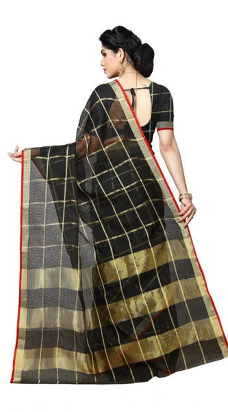 Mayawye Women's Kota Doria Cotton Saree With Blouse (Black,6-3 Mtrs)