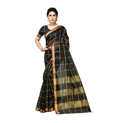 Mayawye Women's Kota Doria Cotton Saree With Blouse (Black,6-3 Mtrs)