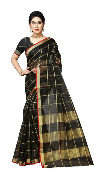 Mayawye Women's Kota Doria Cotton Saree With Blouse (Black,6-3 Mtrs)