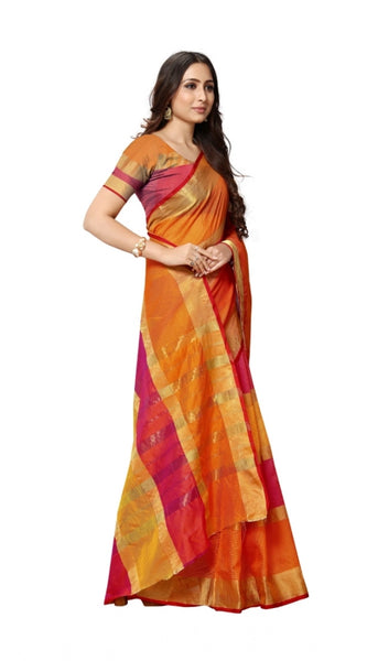 Mayawye Women's Kota Doria Cotton Saree With Blouse (Orange,6-3 Mtrs)