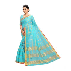 Mayawye Women's Kota Doria Cotton Saree With Blouse (Sky Blue,6-3 Mtrs)