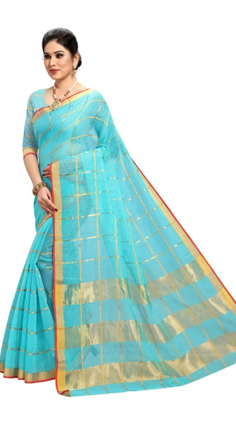 Mayawye Women's Kota Doria Cotton Saree With Blouse (Sky Blue,6-3 Mtrs)