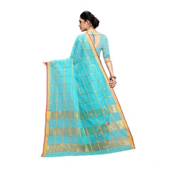 Mayawye Women's Kota Doria Cotton Saree With Blouse (Sky Blue,6-3 Mtrs)