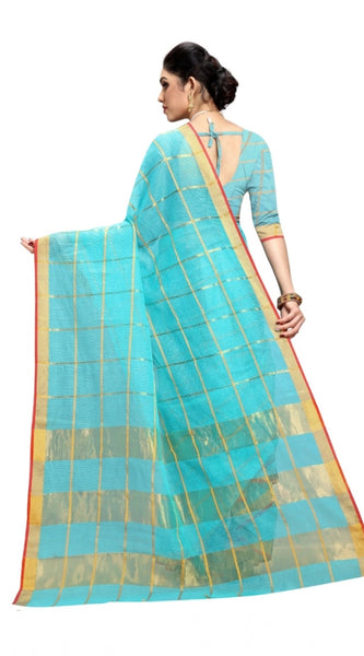 Mayawye Women's Kota Doria Cotton Saree With Blouse (Sky Blue,6-3 Mtrs)