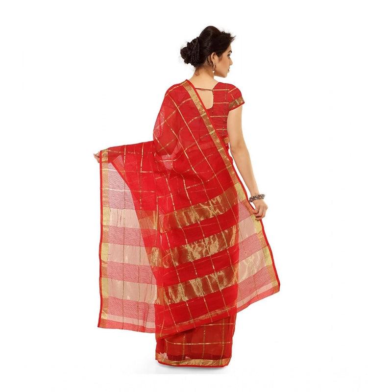 Mayawye Women's Kota Doria Cotton Saree With Blouse (Red,6-3 Mtrs)