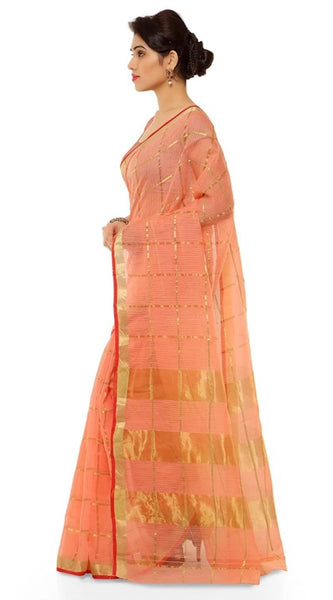 Mayawye Women's Kota Doria Cotton Saree With Blouse (Peach,6-3 Mtrs)