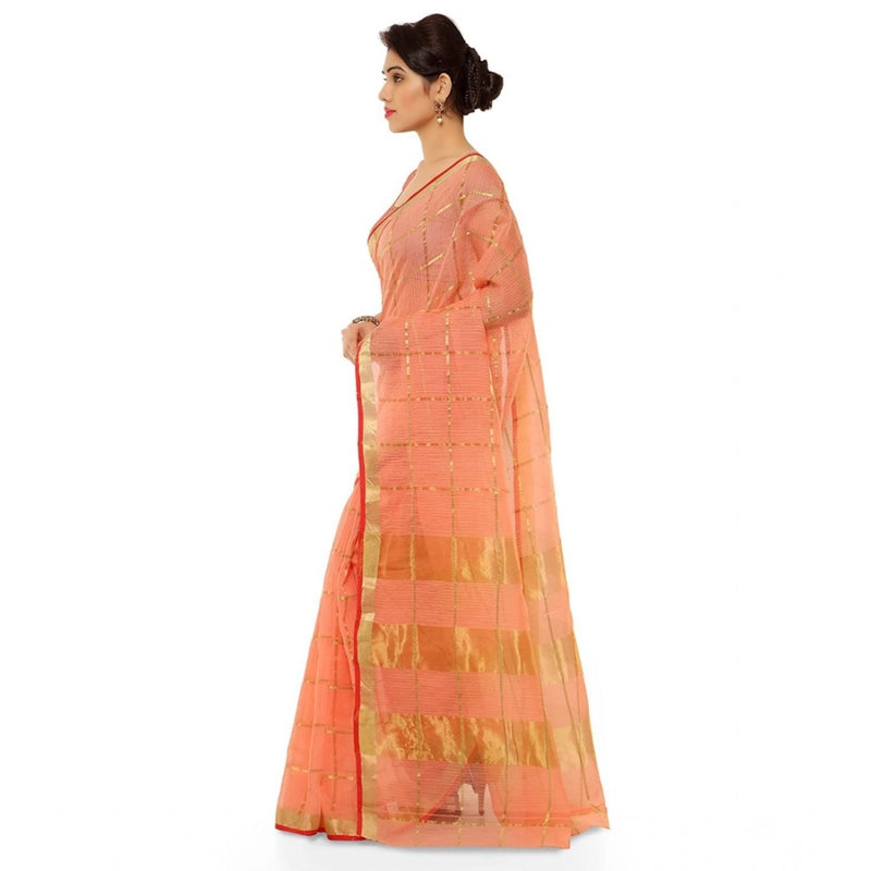 Mayawye Women's Kota Doria Cotton Saree With Blouse (Peach,6-3 Mtrs)