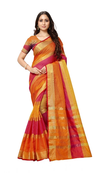 Mayawye Women's Kota Doria Cotton Saree With Blouse (Orange,6-3 Mtrs)