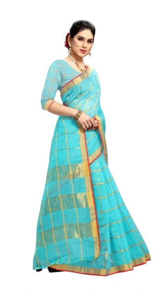 Mayawye Women's Kota Doria Cotton Saree With Blouse (Sky Blue,6-3 Mtrs)