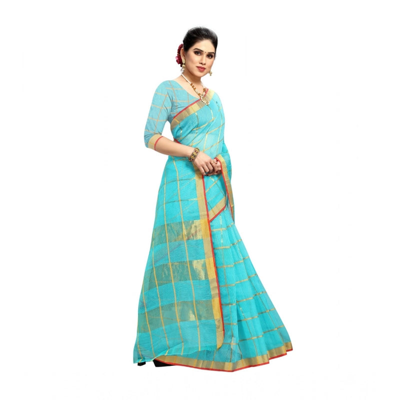 Mayawye Women's Kota Doria Cotton Saree With Blouse (Sky Blue,6-3 Mtrs)