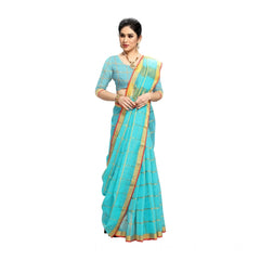 Mayawye Women's Kota Doria Cotton Saree With Blouse (Sky Blue,6-3 Mtrs)