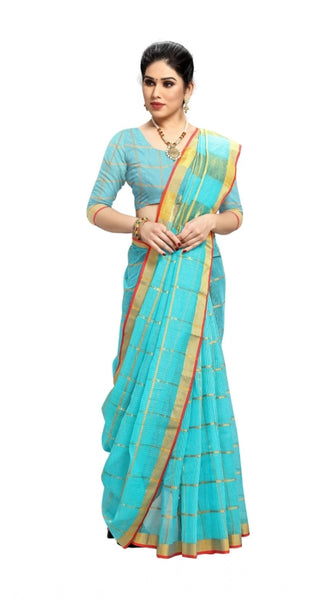 Mayawye Women's Kota Doria Cotton Saree With Blouse (Sky Blue,6-3 Mtrs)