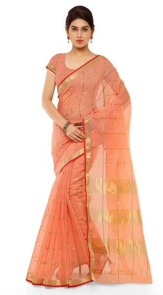 Mayawye Women's Kota Doria Cotton Saree With Blouse (Peach,6-3 Mtrs)