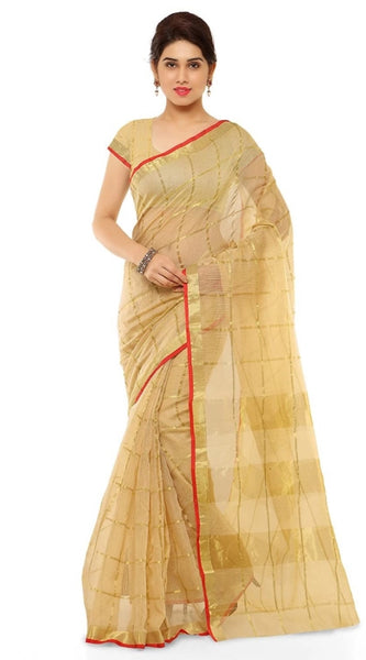 Mayawye Women's Kota Doria Cotton Saree With Blouse (Chikoo,6-3 Mtrs)