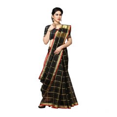 Mayawye Women's Kota Doria Cotton Saree With Blouse (Black,6-3 Mtrs)