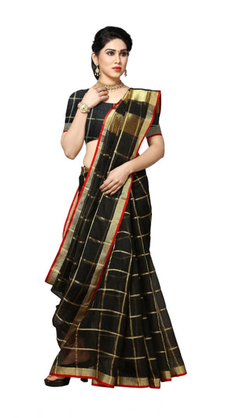 Mayawye Women's Kota Doria Cotton Saree With Blouse (Black,6-3 Mtrs)