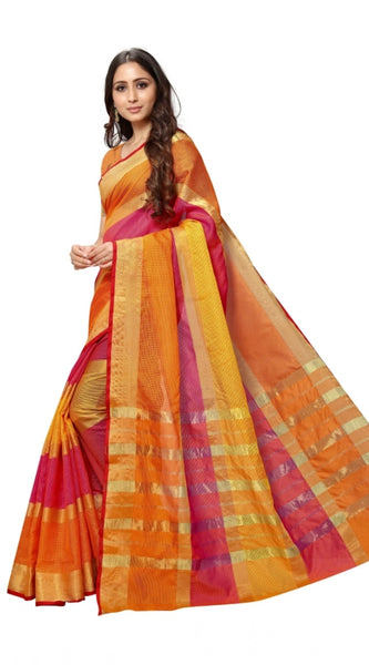 Mayawye Women's Kota Doria Cotton Saree With Blouse (Orange,6-3 Mtrs)