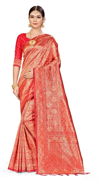 Mayawye Women's Banarasi Silk Saree (Peach,5-6 Mtrs)