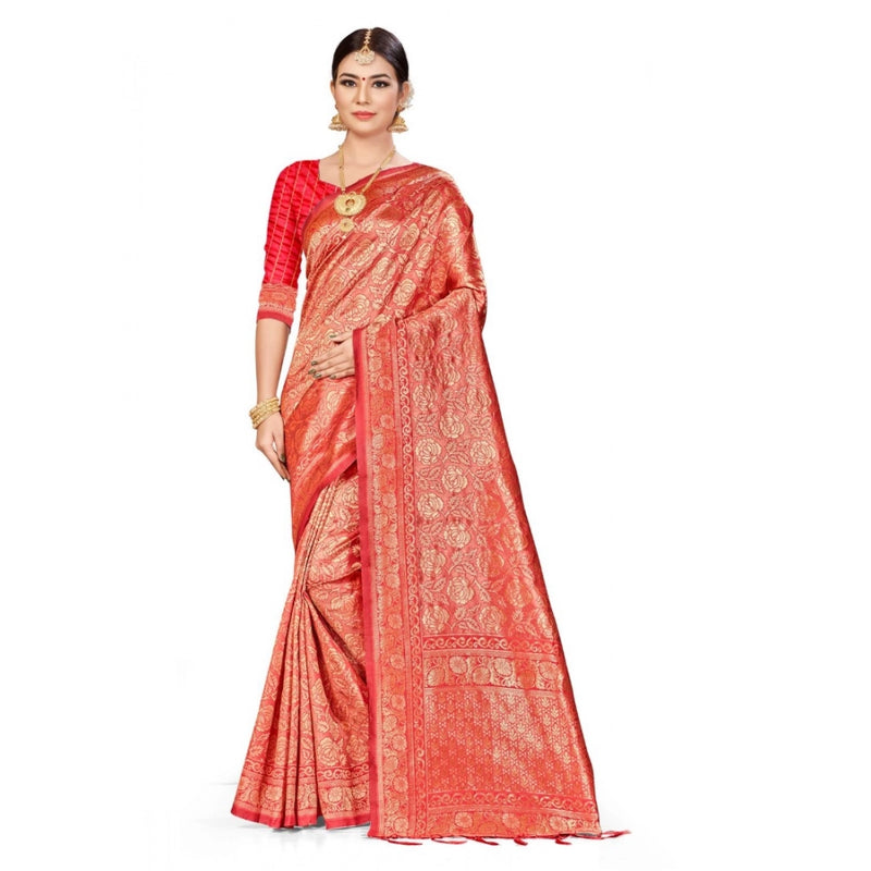 Mayawye Women's Banarasi Silk Saree (Peach,5-6 Mtrs)