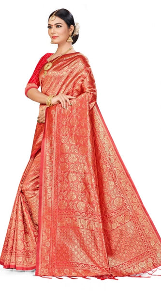 Mayawye Women's Banarasi Silk Saree (Peach,5-6 Mtrs)