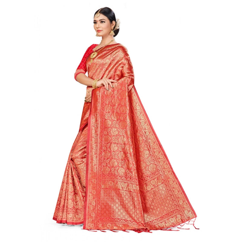 Mayawye Women's Banarasi Silk Saree (Peach,5-6 Mtrs)