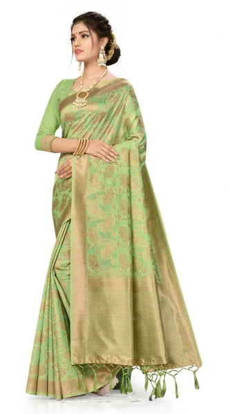 Mayawye Women's Banarasi (Spun Cotton) Saree (Pista Green,5-6 Mtrs)