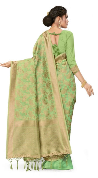 Mayawye Women's Banarasi (Spun Cotton) Saree (Pista Green,5-6 Mtrs)