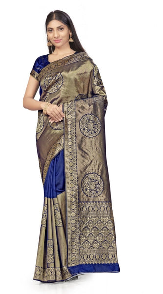 Mayawye Women's Banarasi Silk Saree (Navy Blue,5-6 Mtrs)