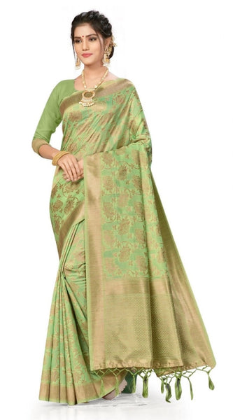 Mayawye Women's Banarasi (Spun Cotton) Saree (Pista Green,5-6 Mtrs)
