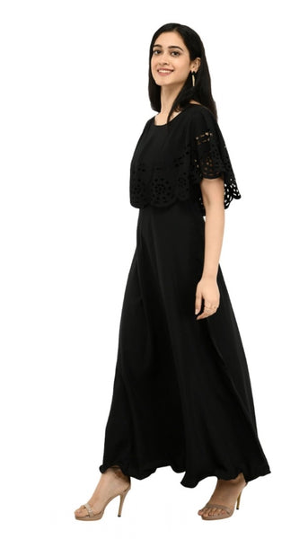 Mayawye Women's Crepe Solid Sleeveless Full Length Gown(Black)