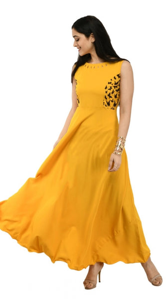 Mayawye Women's Crepe Solid Sleeveless Full Length Gown(Yellow)