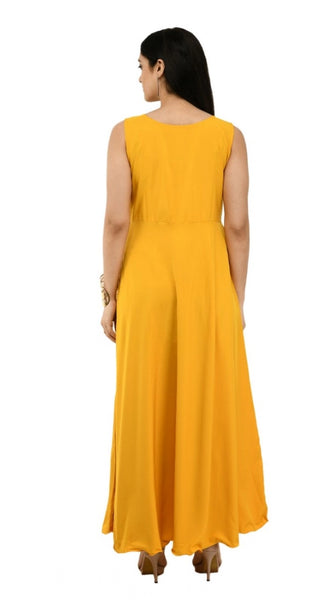 Mayawye Women's Crepe Solid Sleeveless Full Length Gown(Yellow)