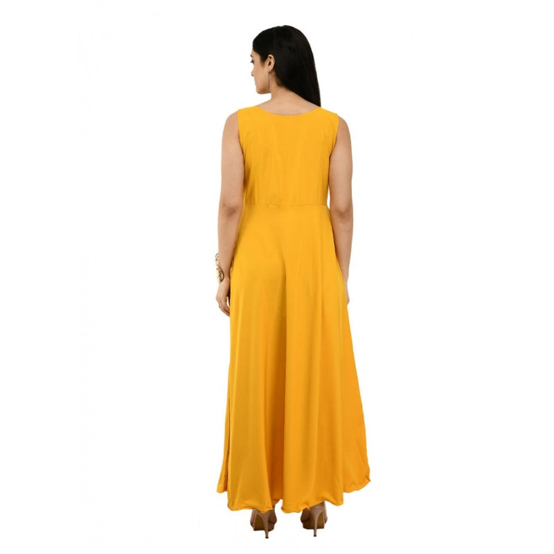 Mayawye Women's Crepe Solid Sleeveless Full Length Gown(Yellow)