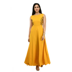 Mayawye Women's Crepe Solid Sleeveless Full Length Gown(Yellow)