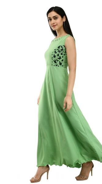Mayawye Women's Crepe Solid Sleeveless Full Length Gown(Green)