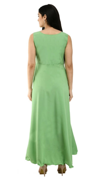 Mayawye Women's Crepe Solid Sleeveless Full Length Gown(Green)