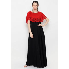 Mayawye Women's Crepe Solid Sleeveless Full Length Gown(Red Black)