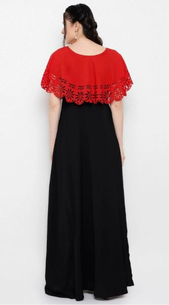 Mayawye Women's Crepe Solid Sleeveless Full Length Gown(Red Black)