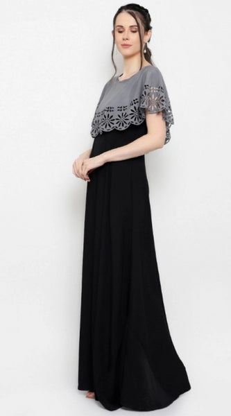Mayawye Women's Crepe Solid Sleeveless Full Length Gown(Grey Black)