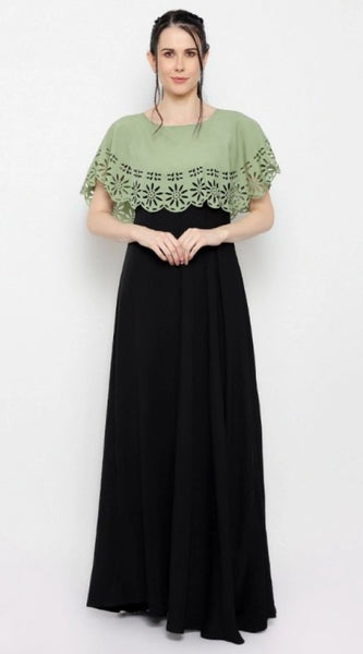 Mayawye Women's Crepe Solid Sleeveless Full Length Gown(Green Black)