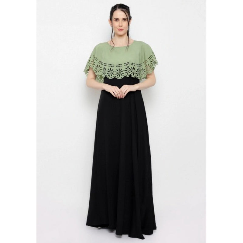 Mayawye Women's Crepe Solid Sleeveless Full Length Gown(Green Black)